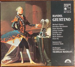 Giustino by Georg Friedrich Händel,  Michael Chance,  Dorothea Röschmann,  Dawn Kotoski,  Juliana Gondek,  Jennifer Lane ,  Mark Padmore,  Dean Ely,  Drew Minter,  Kammerchor Cantamus Halle,  Freiburger Barockorchester,  Nicholas McGegan